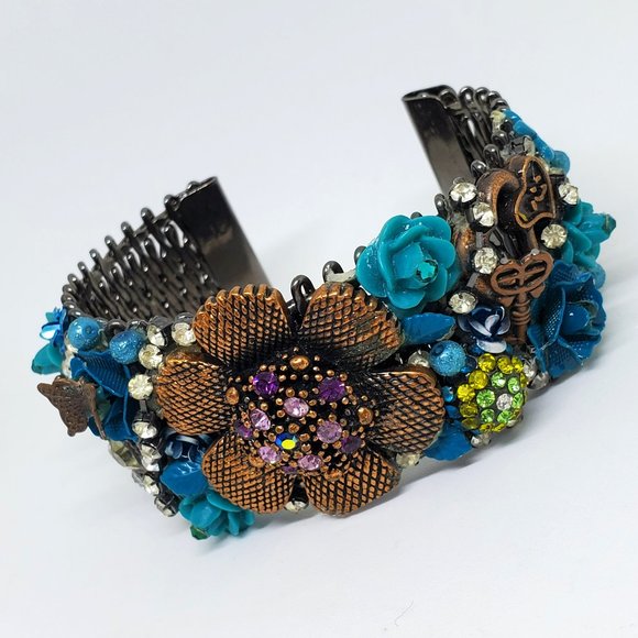 Victorian Steampunk High Detail Copper Turquoise Rose Rhinestone Cuff Bracelet - Picture 8 of 14